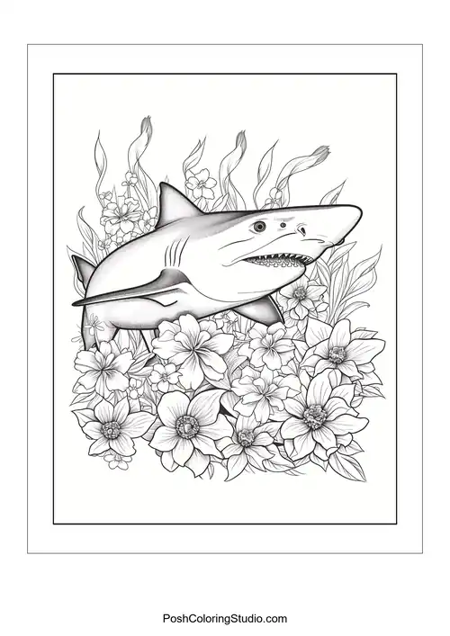 A shark's head surrounded by roses and decorative elements.