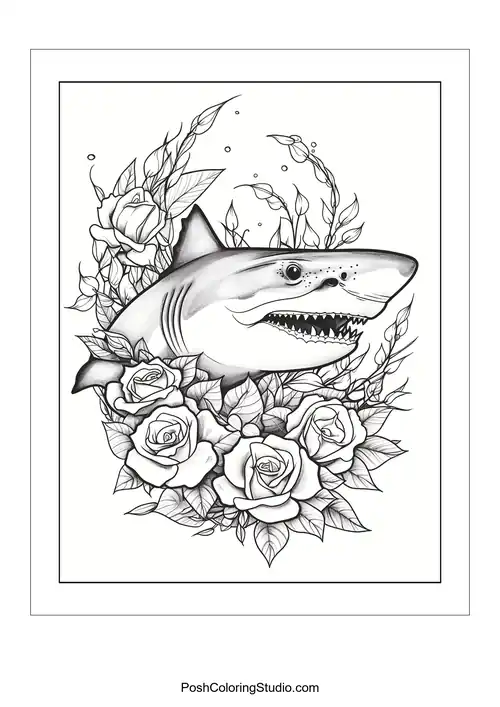 A shark's head surrounded by roses and decorative swirls.