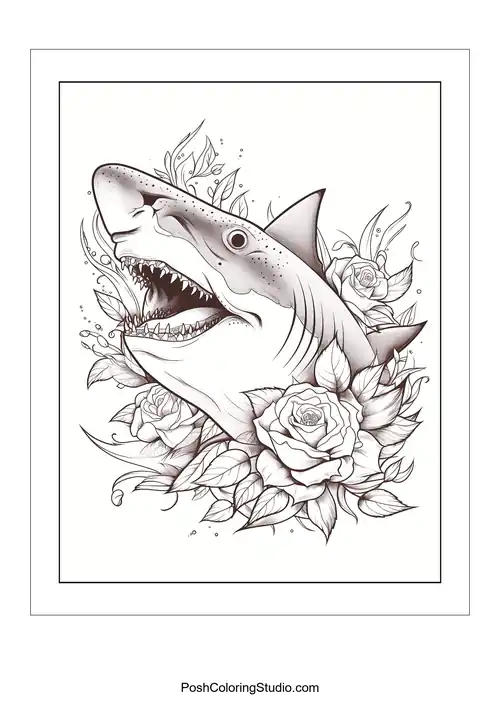 A shark's head surrounded by roses and decorative elements.