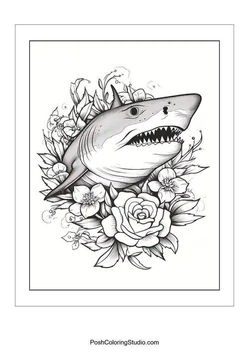 A shark's head with an open mouth and roses around it.