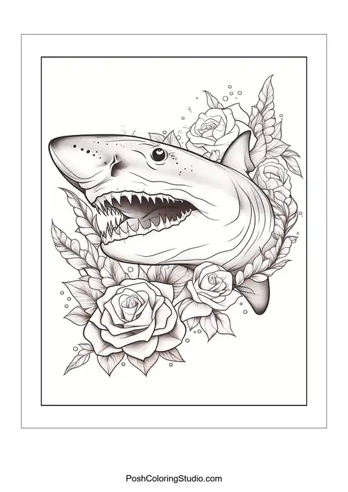 A shark's head surrounded by roses and decorative swirls.