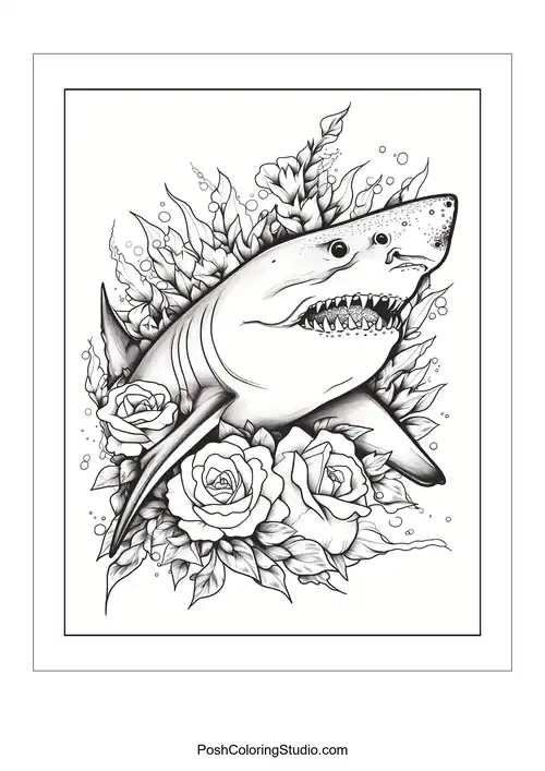 A shark's head with an open mouth and roses around it.