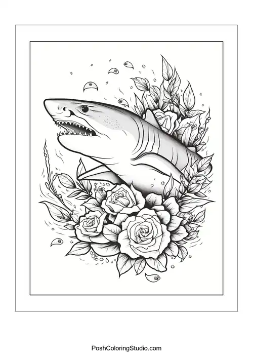 A shark swimming through roses with water droplets around it.