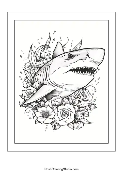 A shark's head surrounded by roses and decorative swirls.