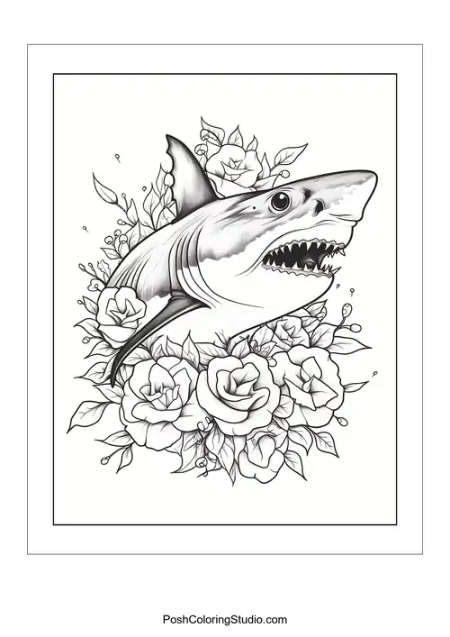 A shark's head surrounded by roses and decorative elements.