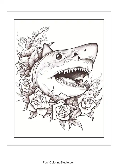 A shark's head surrounded by roses and decorative swirls.