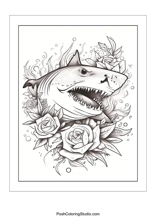 A shark's head with an open mouth and roses around it.