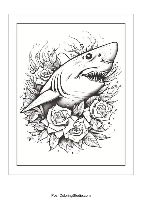 A shark's head emerges from a floral arrangement with bubbles.