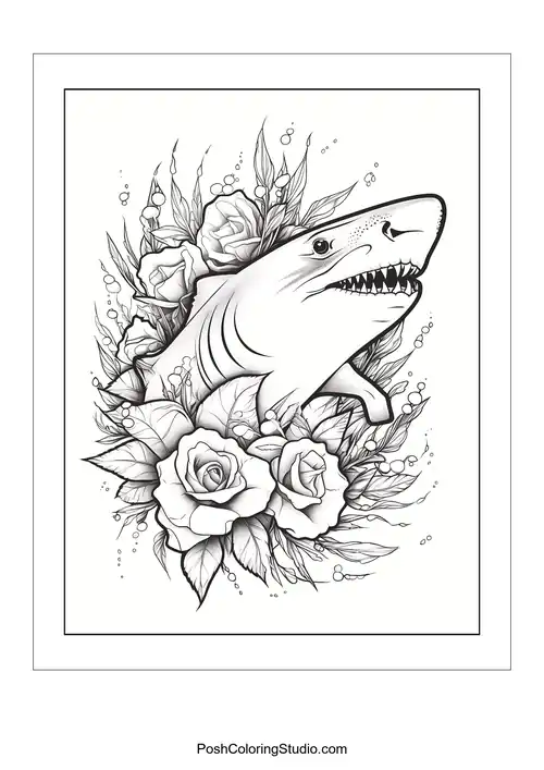 A shark's head surrounded by roses and decorative swirls.