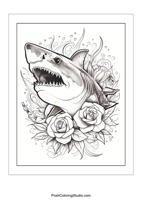 A shark's head with an open mouth and roses around it.
