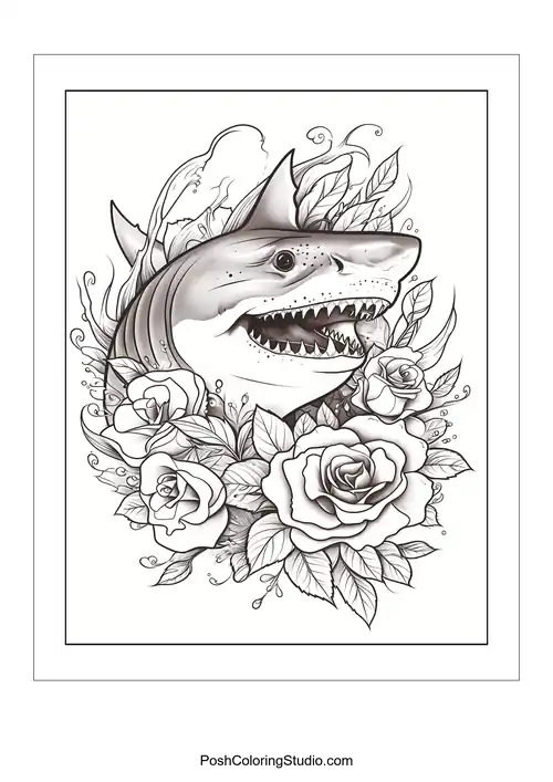 A shark's head surrounded by roses and decorative elements.