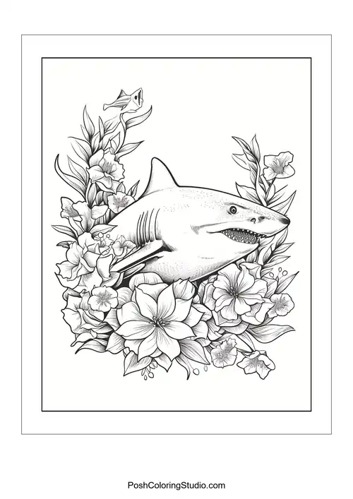 A shark's head with an open mouth and roses around it.