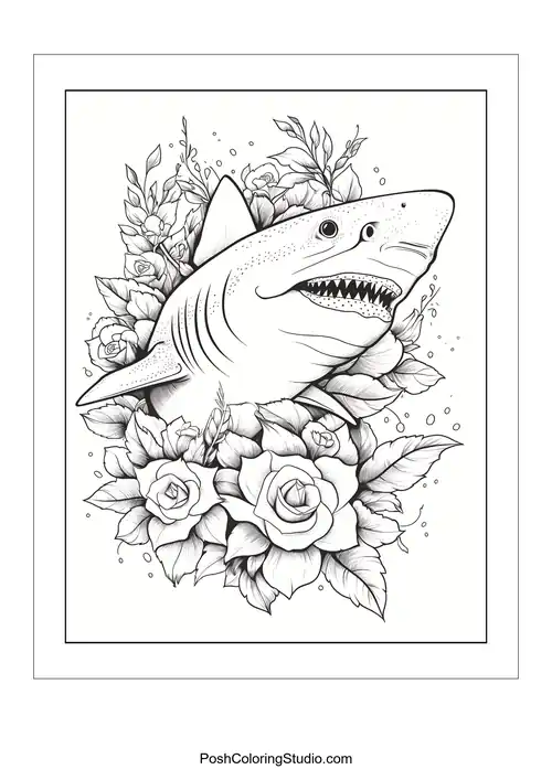 A shark's head with an open mouth and roses around it.