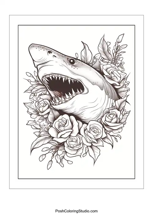 A shark's head with an open mouth and roses around it.