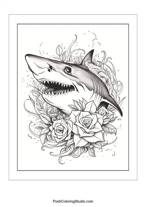 A shark's head with an open mouth and roses around it.