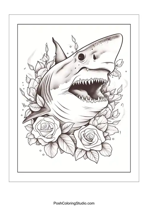 A shark's head with an open mouth surrounded by roses.