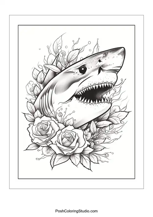 A shark's head surrounded by roses and decorative elements.