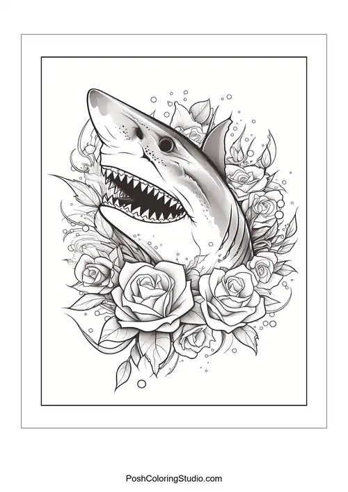 A shark's head with an open mouth and roses around it.
