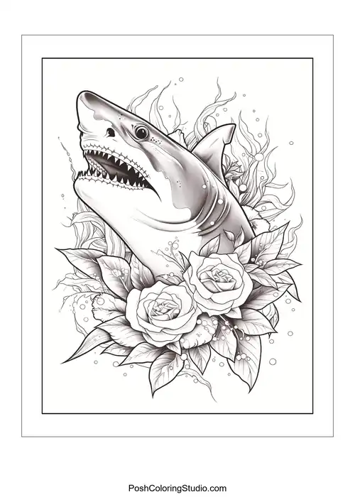A shark's head with an open mouth and roses around it.