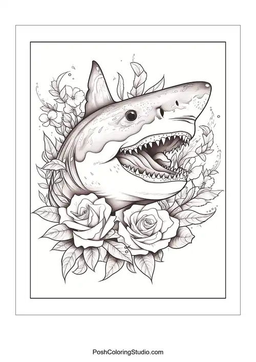 A shark's head surrounded by roses and decorative elements.