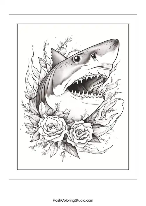 A shark's head with an open mouth and roses around it.