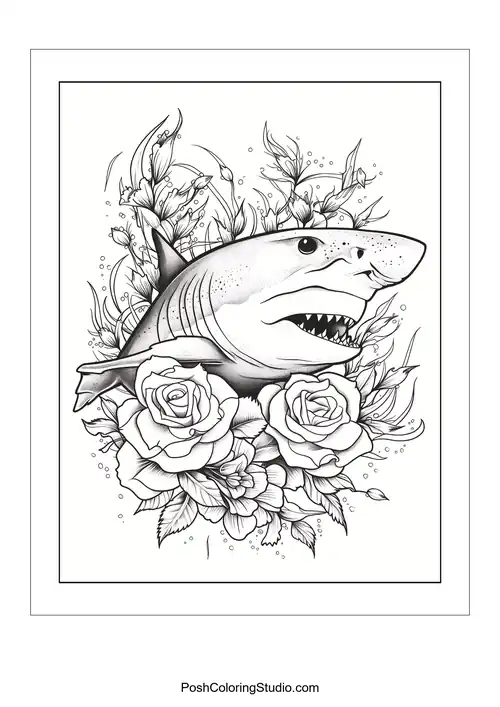 A shark's head surrounded by roses and decorative swirls.