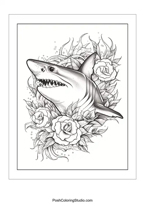 A fierce shark surrounded by roses and bubbles.