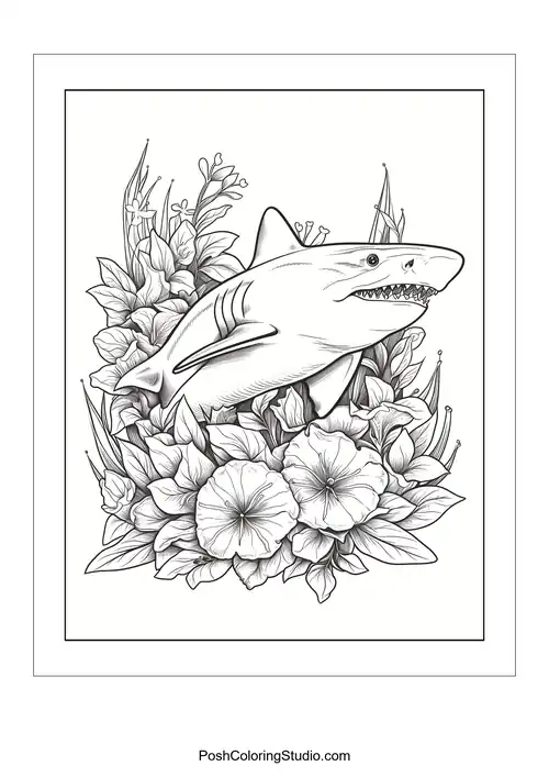 A shark swimming among tropical flowers.