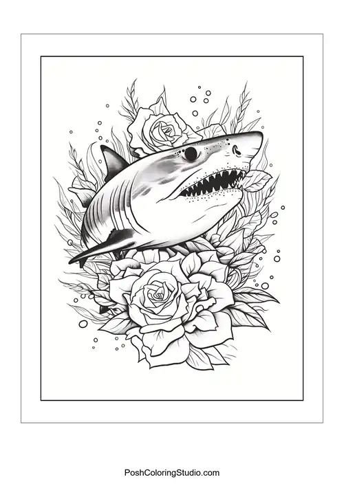 A shark with an aggressive expression and roses.