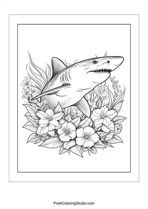 A shark swimming among flowers with a fierce expression.