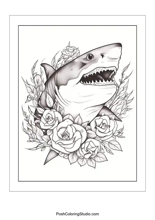 A shark with a fierce look and floral accents.