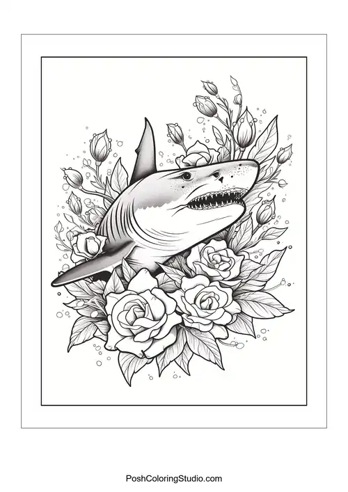 A shark's head surrounded by roses and decorative leaves.