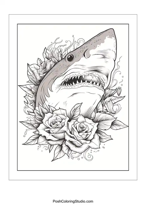 A shark's head with an open mouth and roses around it.