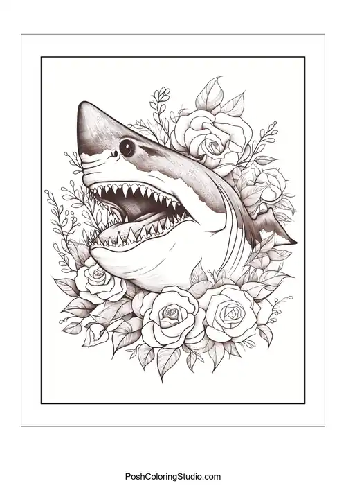 A shark's head surrounded by roses and decorative elements.