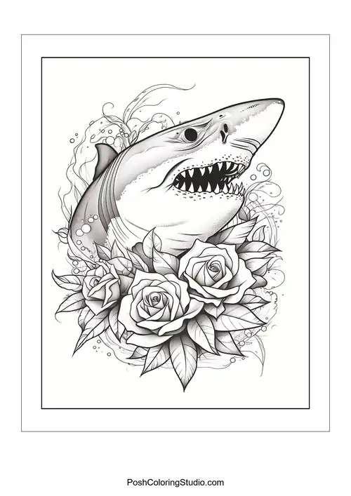 A shark's head with roses and swirling patterns around it.