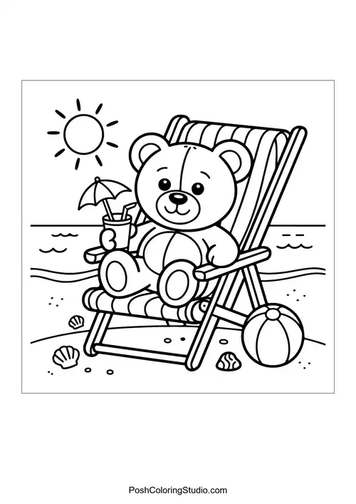 A teddy bear lounging in a beach chair.