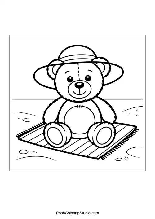 A teddy bear wearing a sun hat on a mat.