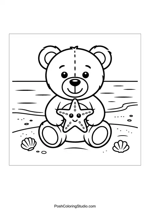 A teddy bear holding a starfish by the water.