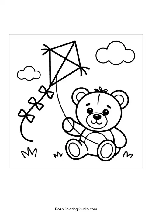 A teddy bear flying a kite in a grassy area.