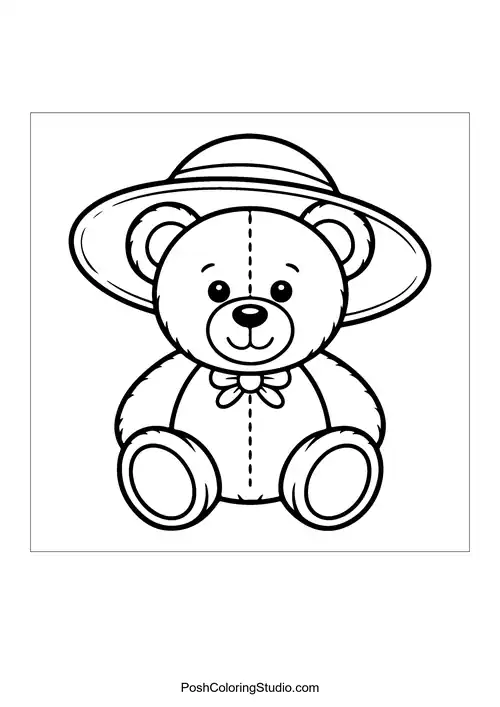 A teddy bear wearing a bowtie and a sun hat.