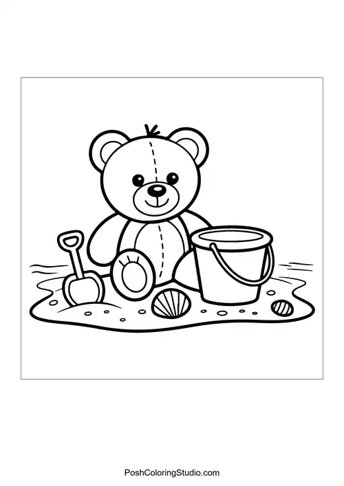 A teddy bear playing with a bucket and shovel.