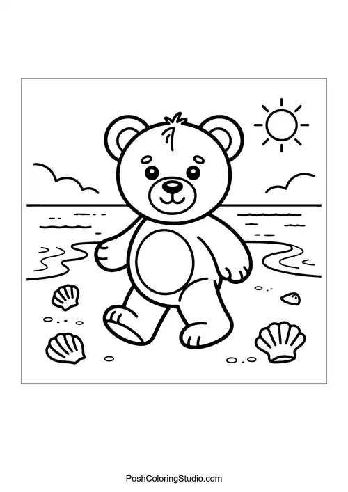 A teddy bear walking along the beach with seashells.