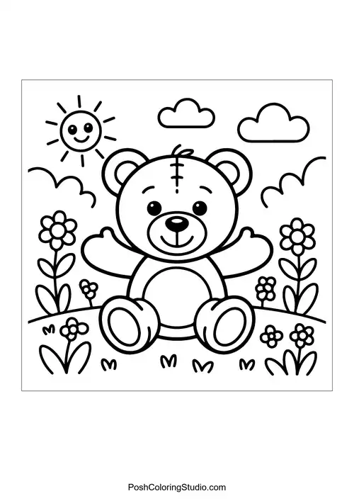 A teddy bear sitting in a field of flowers.