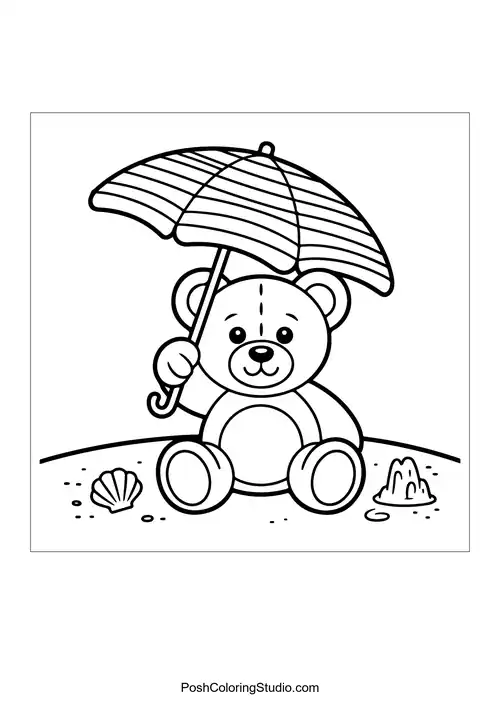 A teddy bear holding an umbrella on the beach.