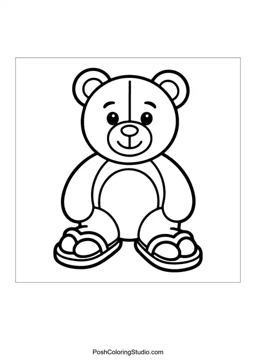 A teddy bear with flip-flops on a sandy beach.