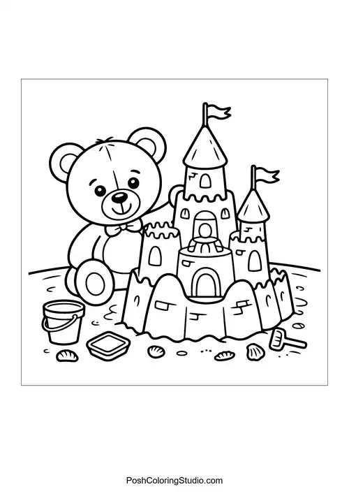 A teddy bear next to a sandcastle with a bucket.