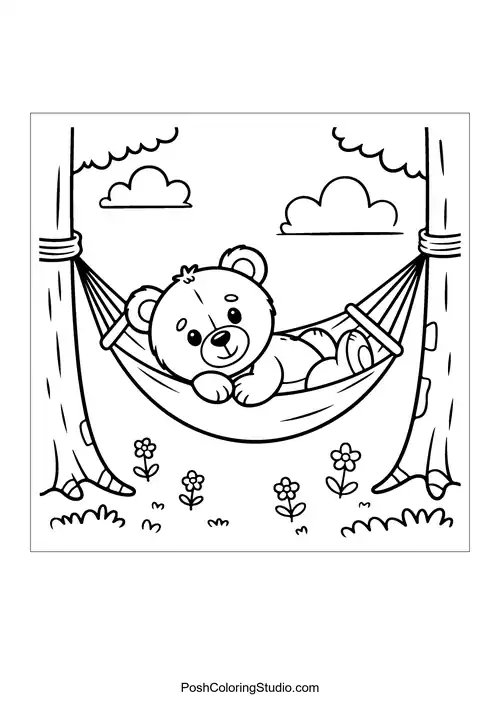 A teddy bear relaxing in a hammock between trees.