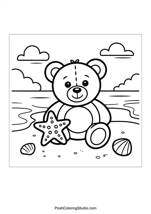 A teddy bear holding a starfish by the water.