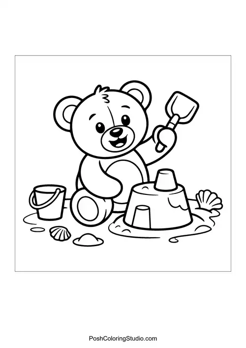 A teddy bear building a sandcastle with a shovel.