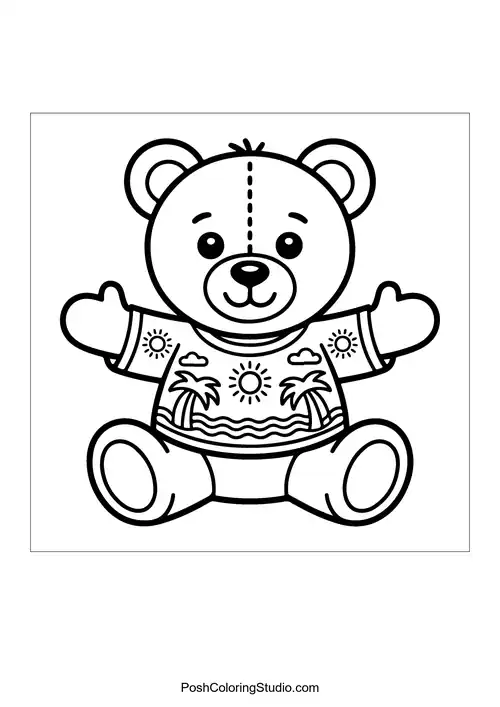 A teddy bear wearing a tropical shirt with sun designs.